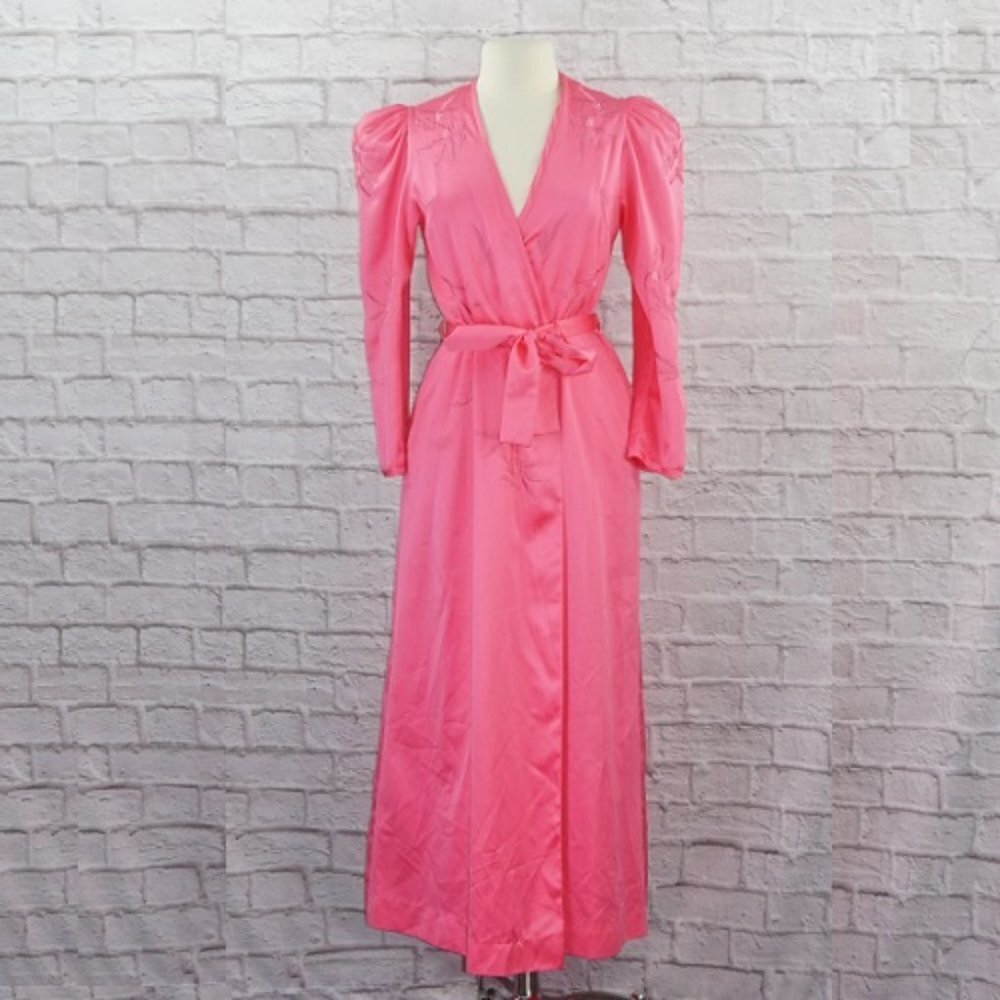 Vintage 80s Natori Neiman Marcus Pink Embroidered Wrap Maxi Robe
